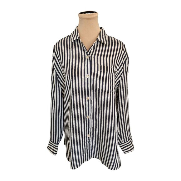 Jenni Kayne Navy Blue Off White Striped Collared Shirt Sz M - Picture 1 of 10